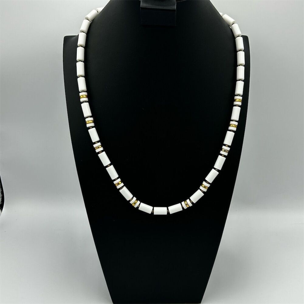 Avon White Lucite Beaded Necklace Tubular Strand with Gold Tone Spacers Vintage